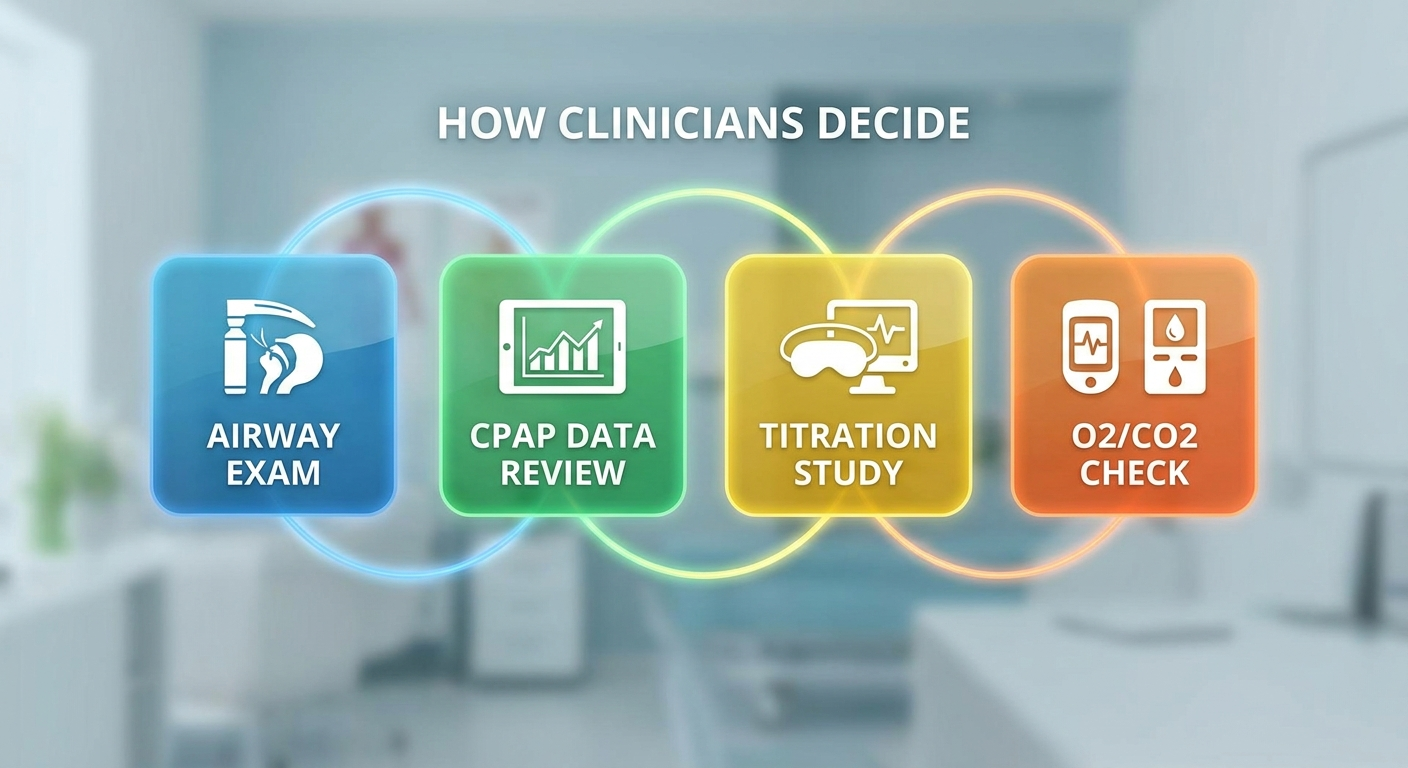 How clinicians decide: tiles for airway exam, CPAP data, titration study, and O2/CO2 check