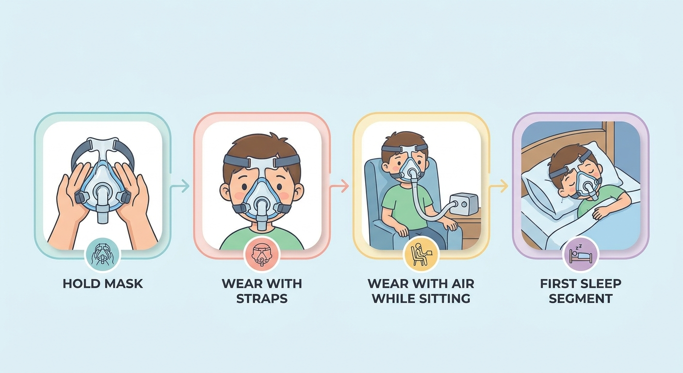 Small-wins progression: hold mask, wear with straps, wear with air while sitting, first sleep segment