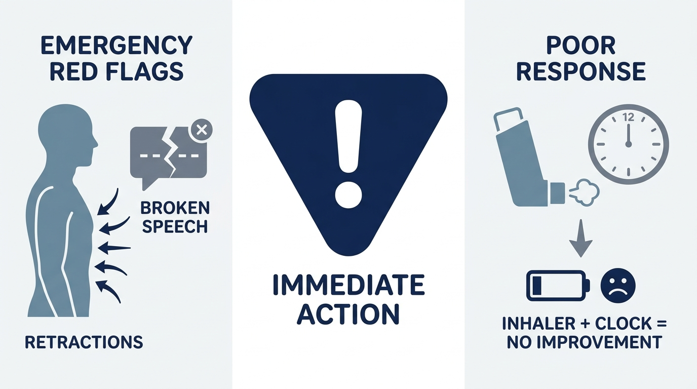 Emergency red flags icons: retractions, broken speech, inhaler poor response