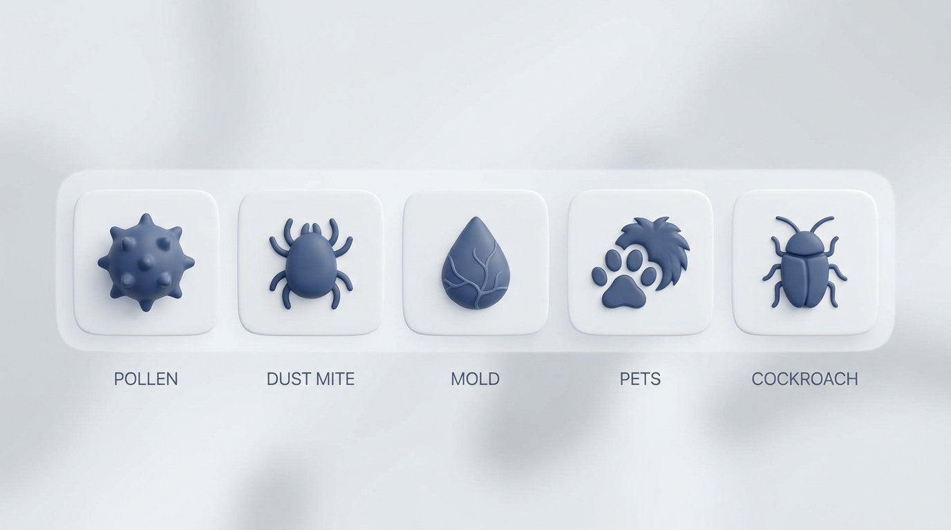 Common allergic triggers icons: pollen, dust mites, mold, pets, cockroaches