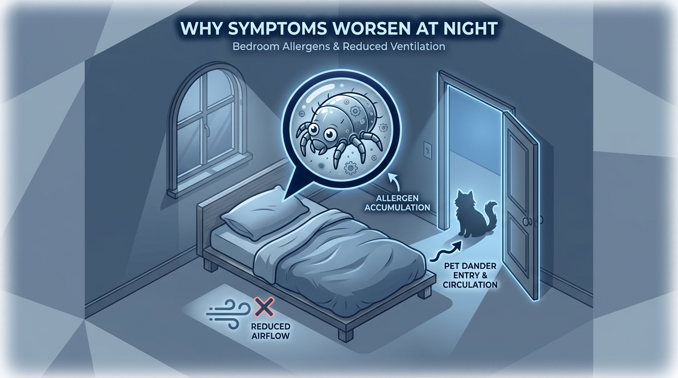 Why symptoms worsen at night: bedroom scene with dust-mite magnifier