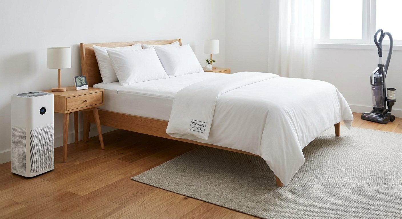 Bedroom dust-mite controls in a clear room vignette