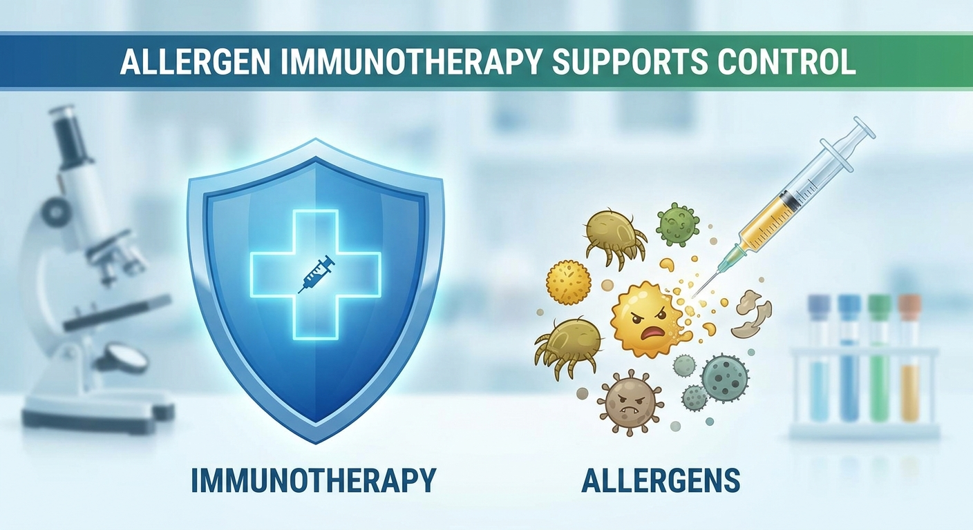 Allergen immunotherapy support: shield and syringe with shrinking allergens