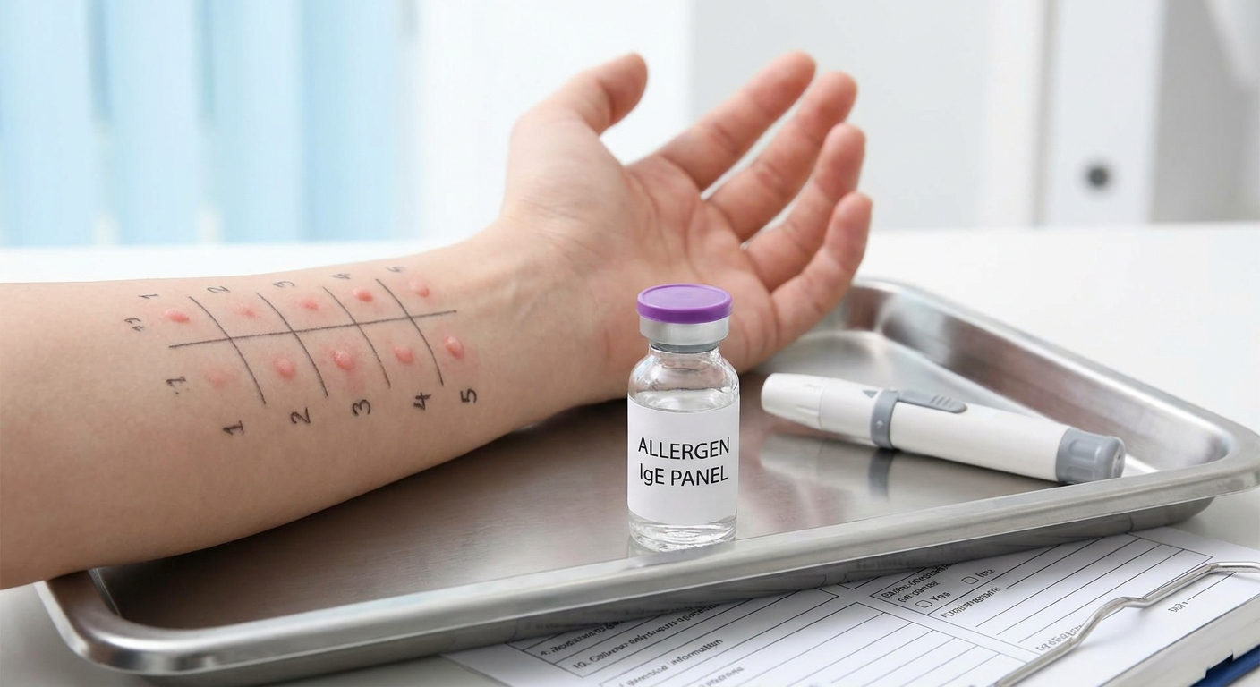 Allergy testing options: skin-prick grid and IgE blood vial