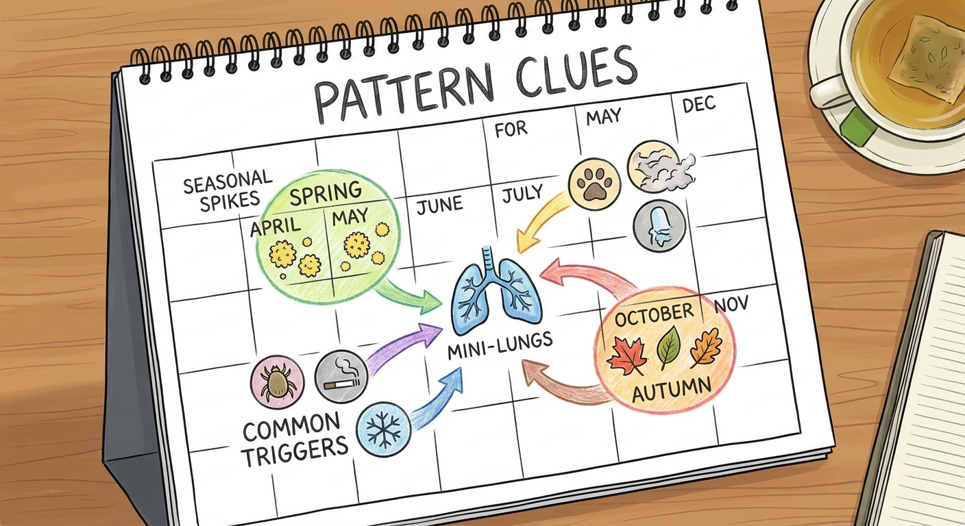Calendar of seasonal spikes and common triggers pointing to lungs icon