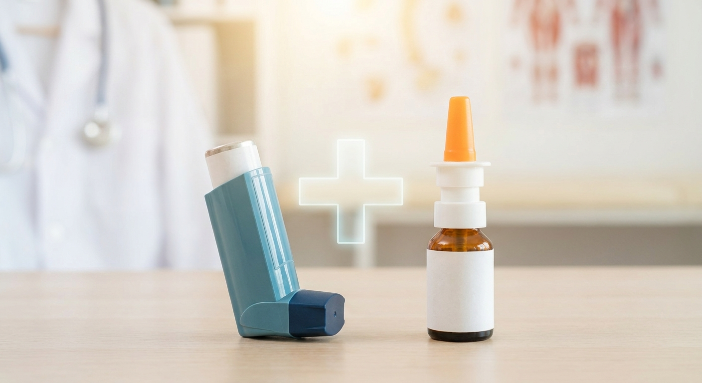 Coordinated care: inhaler and nasal spray side-by-side implying nose plus lungs treatment