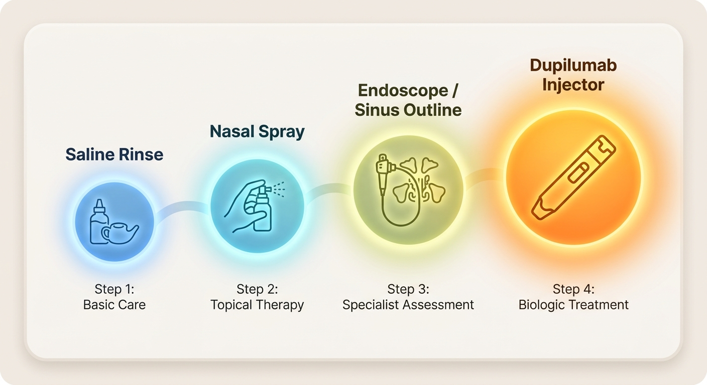 Layered care path from rinses and sprays to surgery and dupilumab