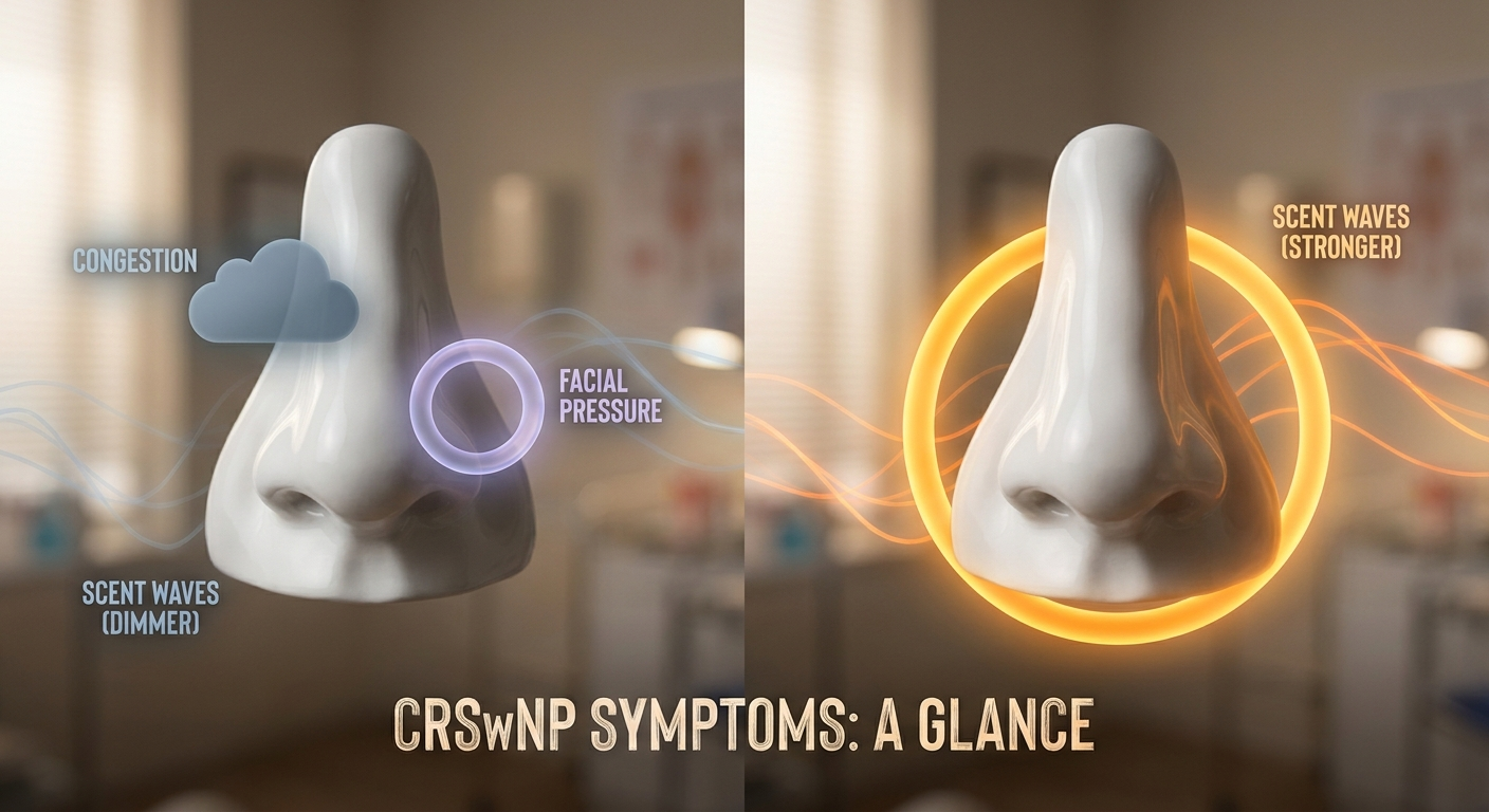 CRSwNP symptoms: congestion, facial pressure, and reduced smell illustrated