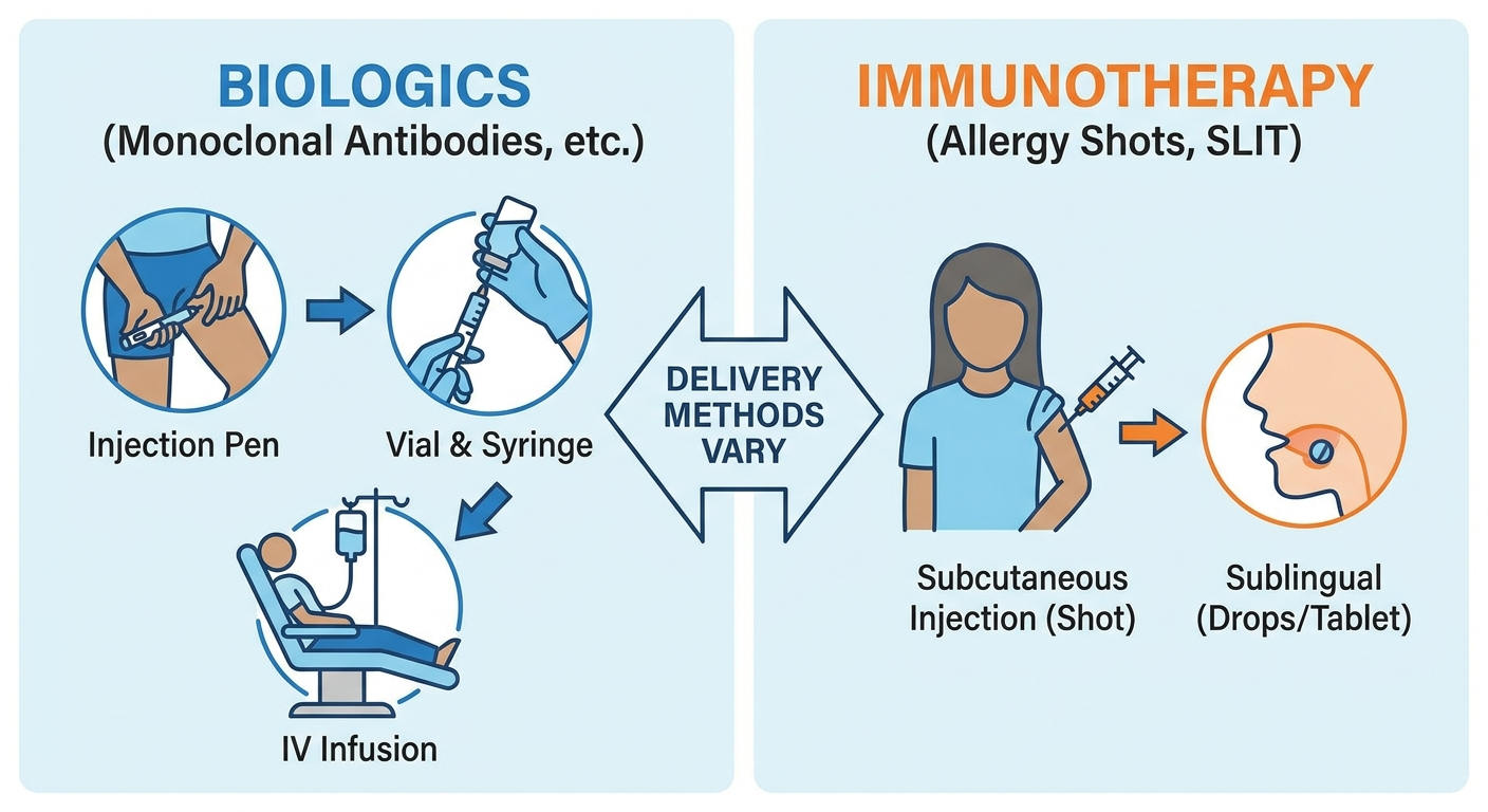 How it’s given—biologics (injection pen/vial/infusion) vs immunotherapy (shot + sublingual)