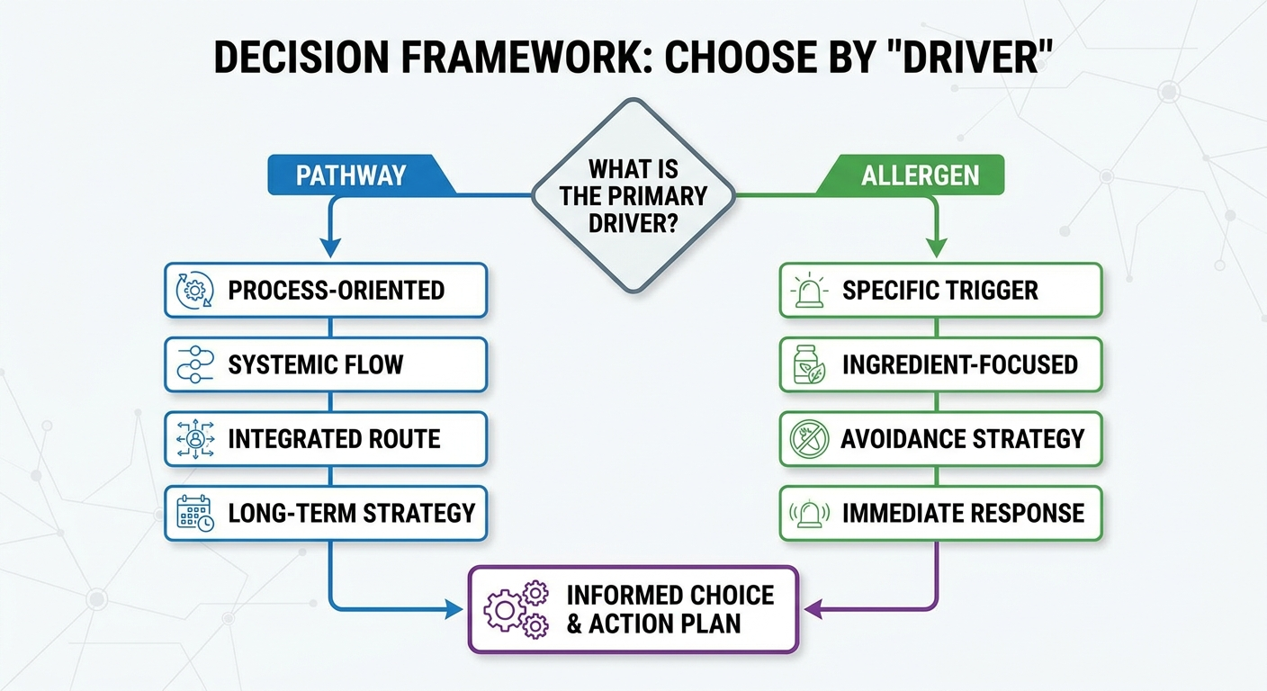 Decision framework—choose by driver: pathway vs allergen