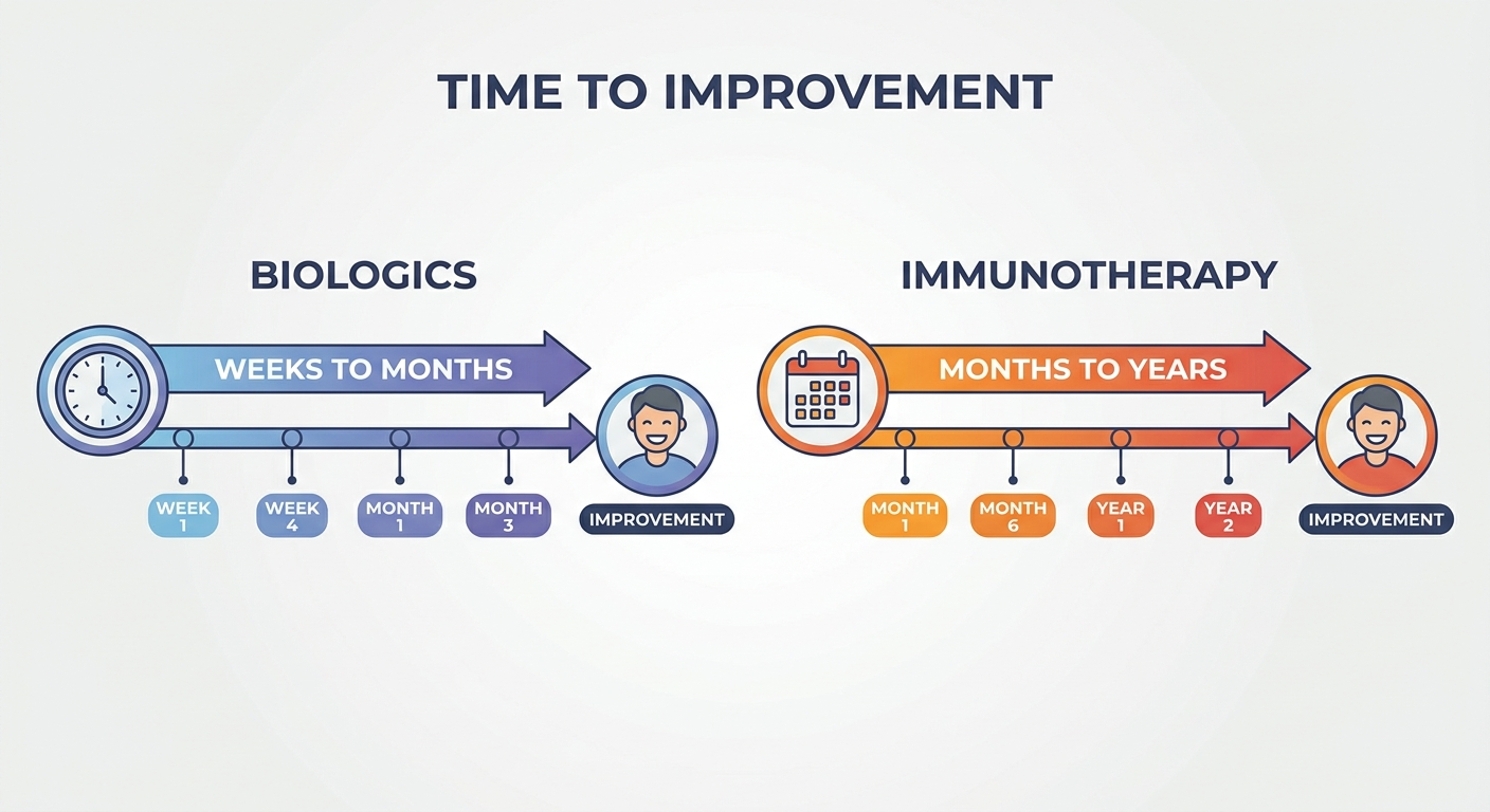 Time to improvement—biologics (weeks to months) vs immunotherapy (months to years)