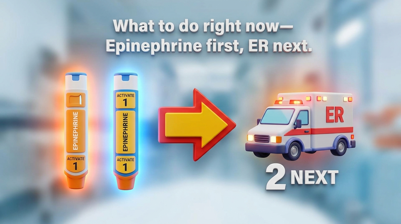 Epinephrine first, ER next. Auto-injectors pointing to ambulance icon.