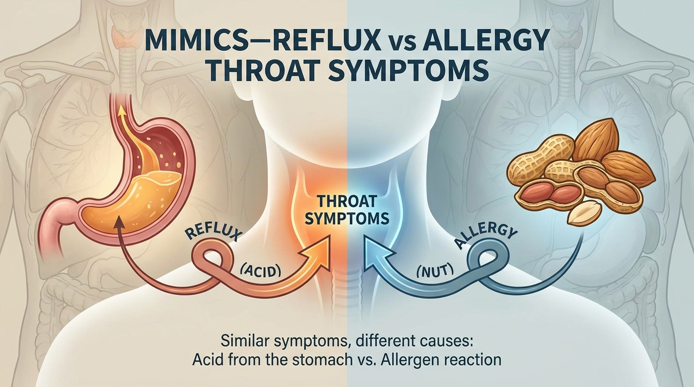 Mimics—reflux vs allergy throat symptoms converging on the throat.