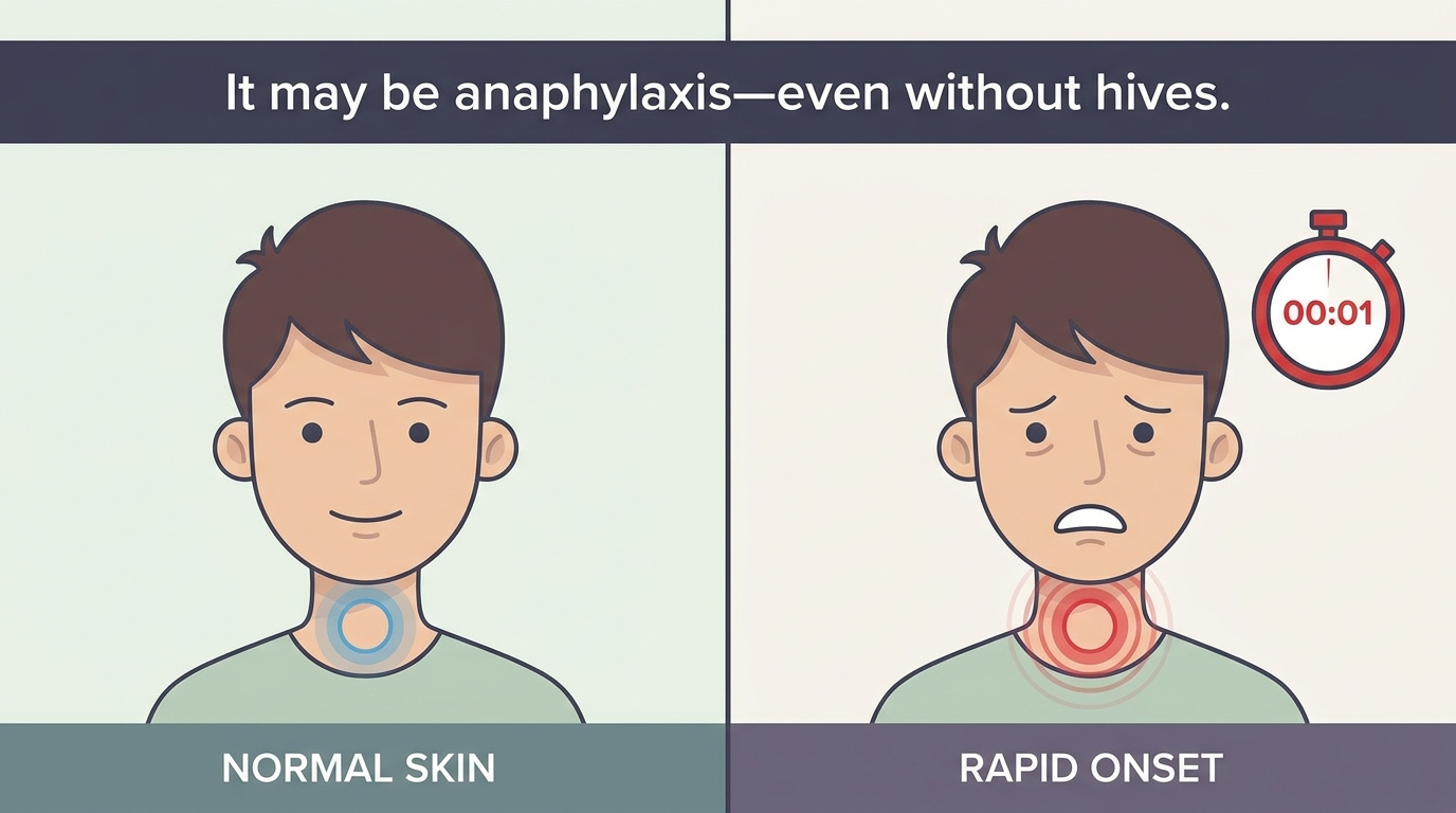 It may be anaphylaxis—even without hives. Split-panel, rapid onset, no hives.