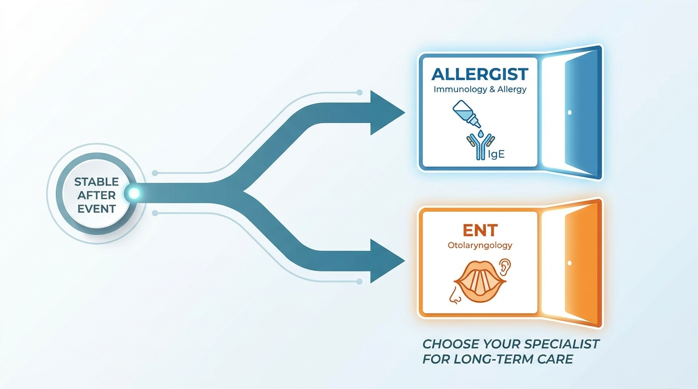 Allergist vs ENT—who to see after you’re stable. Two doors with icons and a path.