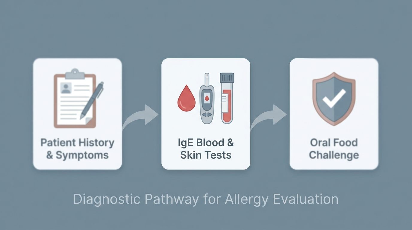 Diagnosis pathway: history, IgE tests, oral food challenge