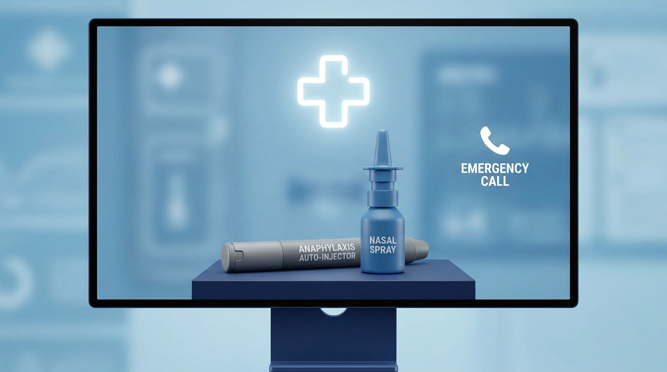 Epinephrine injector and nasal spray with emergency call icon