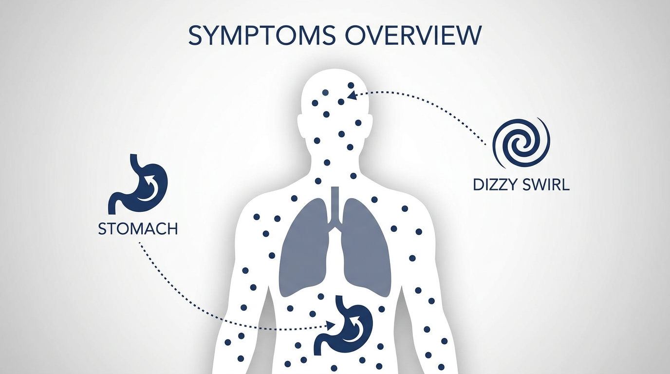 Symptoms overview showing hives, lungs, stomach, and dizziness icons