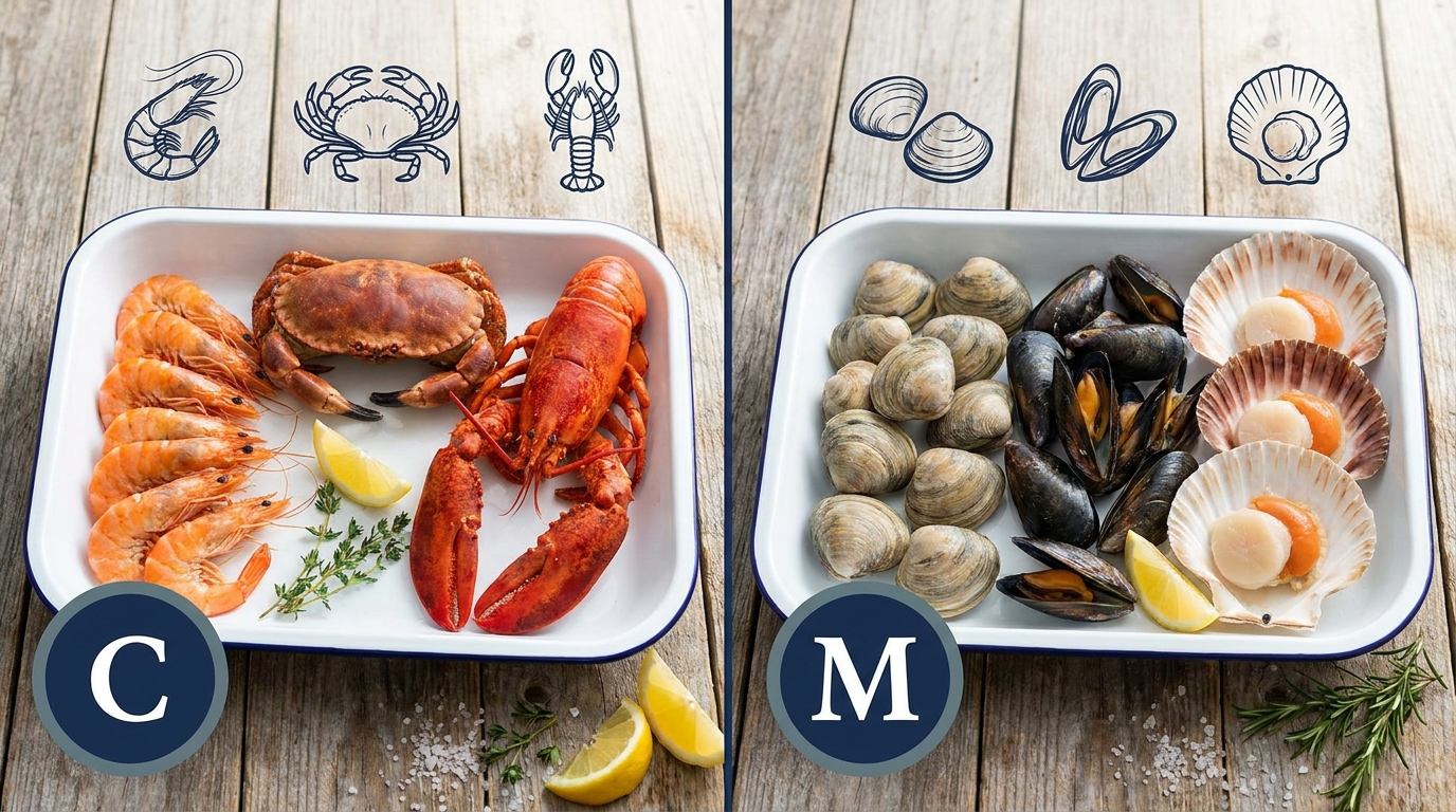 Crustaceans vs mollusks split trays with labeled icons