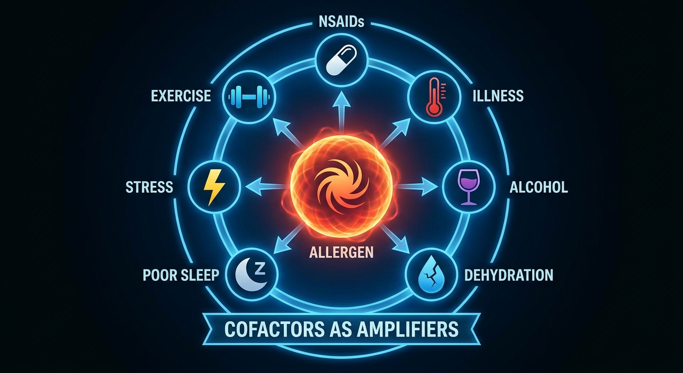 Cofactors as amplifiers: allergen droplet with icons for exercise, NSAIDs, illness, alcohol, dehydration, poor sleep, stress.