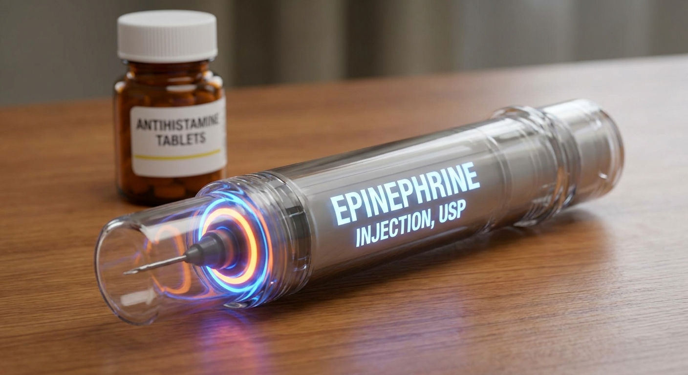 Epinephrine auto-injector highlighted; antihistamine bottle blurred in background.