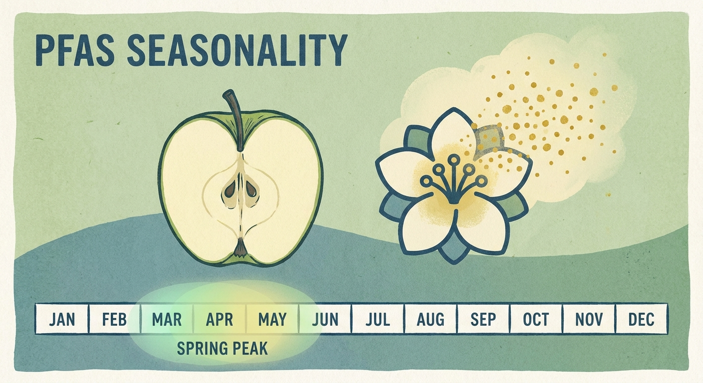PFAS seasonality: raw apple with pollen icon and spring-highlighted calendar strip.