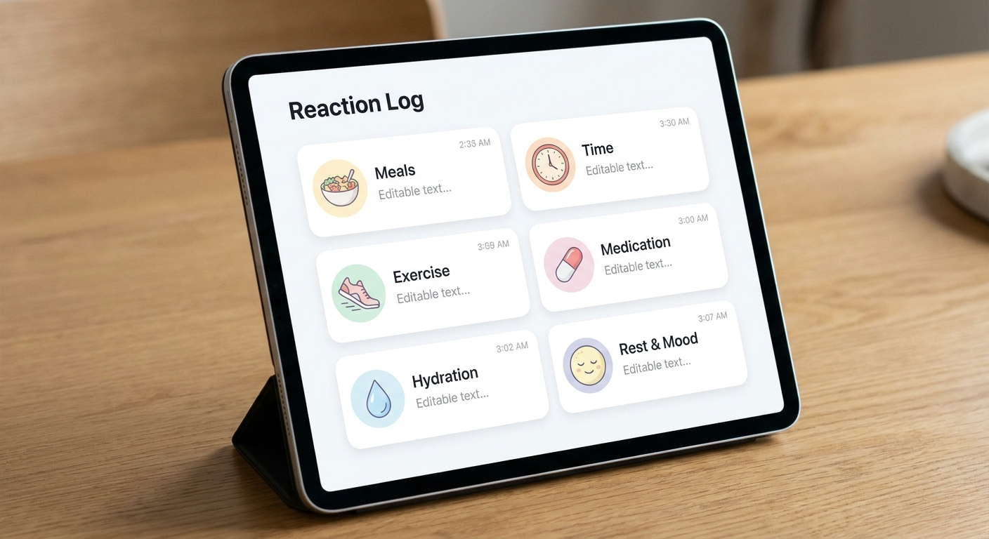 Simple reaction log: clean tablet UI for food, time, exercise, NSAID, hydration, sleep/mood.