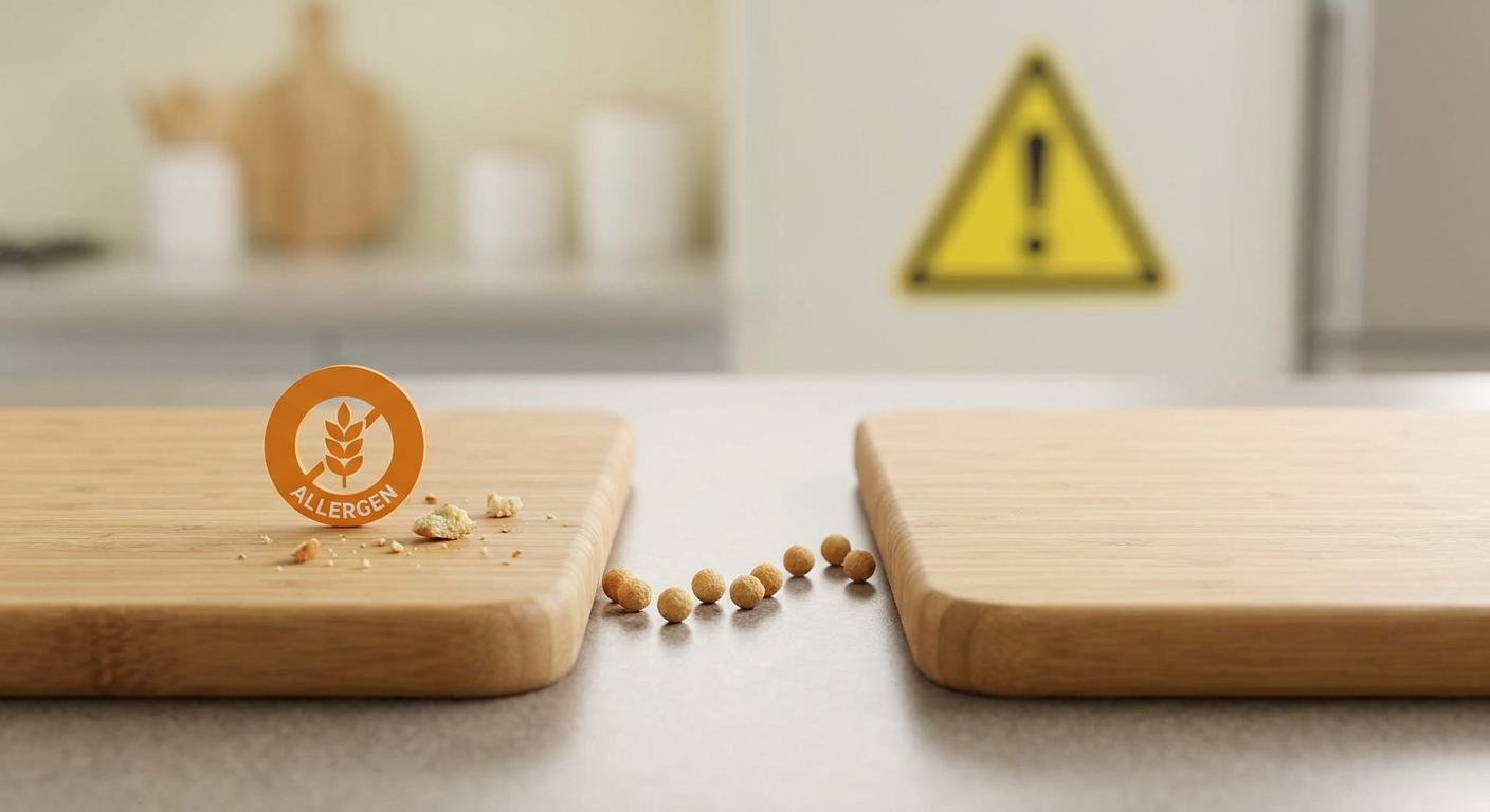 Cross-contact in kitchens: crumbs bridging from allergen cutting board to safe board.