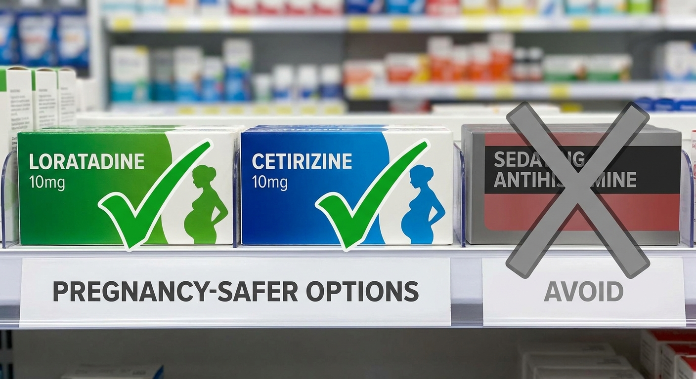 Pregnancy-safer antihistamines: Loratadine and Cetirizine with checkmark, sedating option grayed out