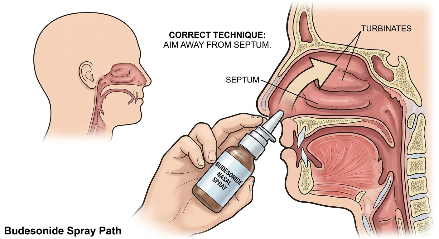 Nasal steroid spray technique: budesonide aimed away from septum with arrow