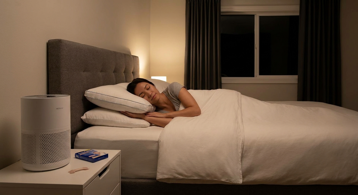 Sleep-friendly bedroom: elevated pillow, HEPA purifier, nasal strip, closed window