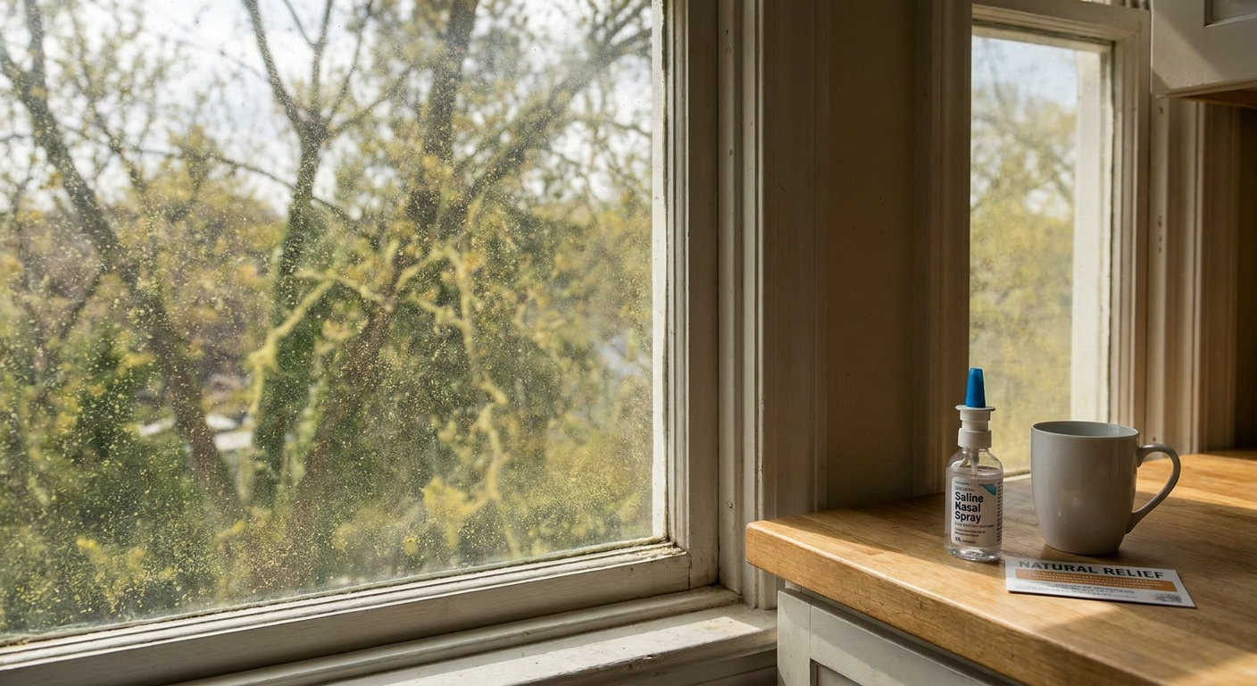Non-drug relief: closed window with pollen outside, saline spray on counter inside