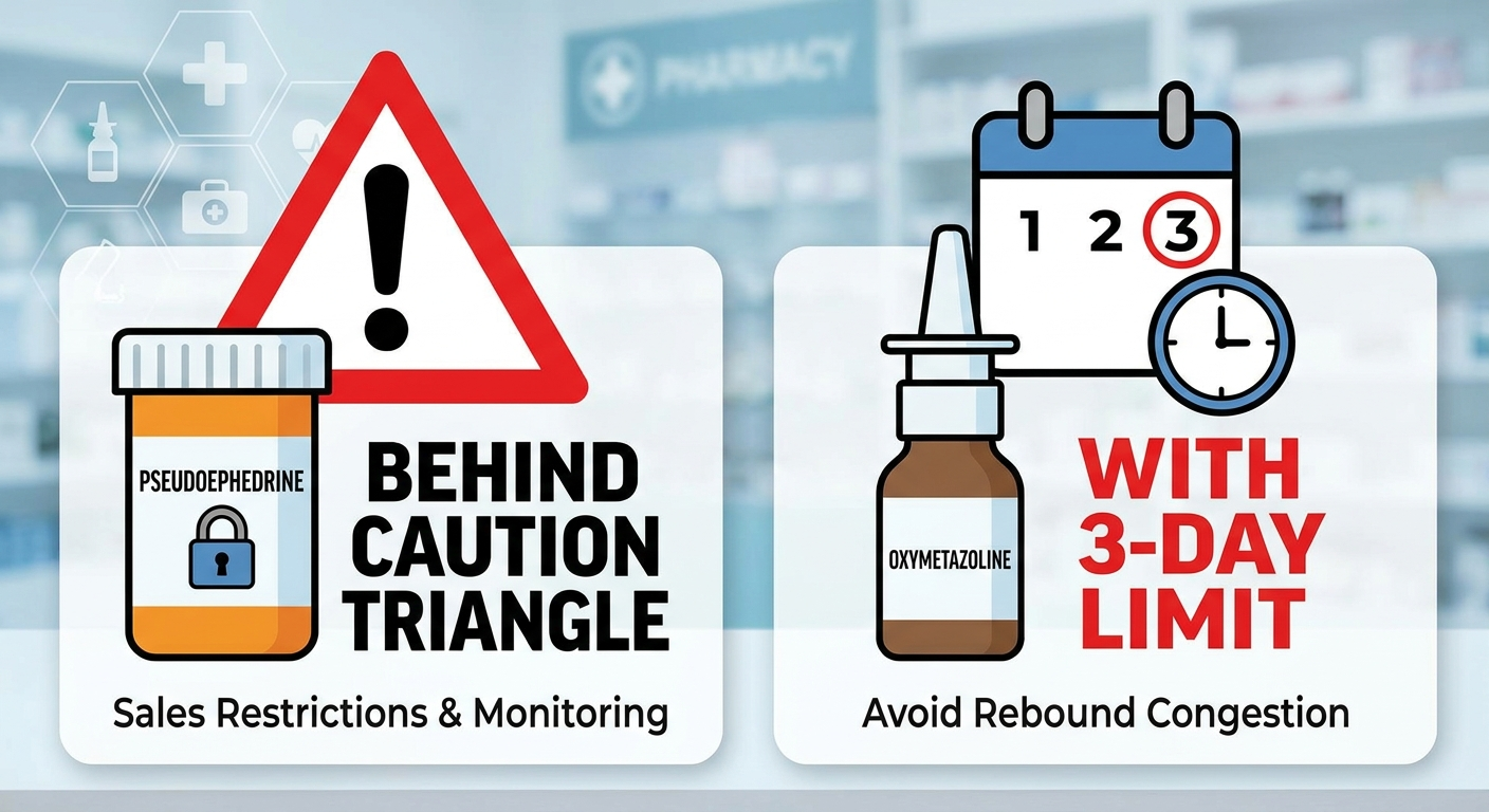Decongestants caution: pseudoephedrine with warning triangle, oxymetazoline with 3-day limit