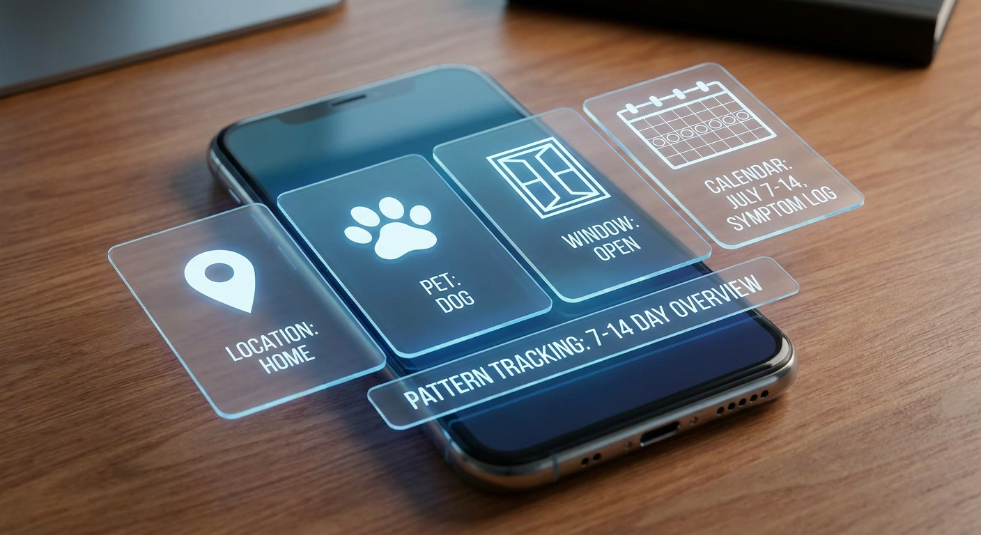 Pattern tracking on phone: location, pet, window, calendar for 7–14 day symptom log