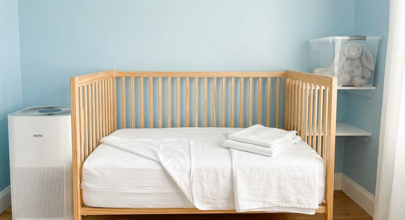 Sleep-space control: crib with allergen cover, washed linens, toy bin, HEPA purifier