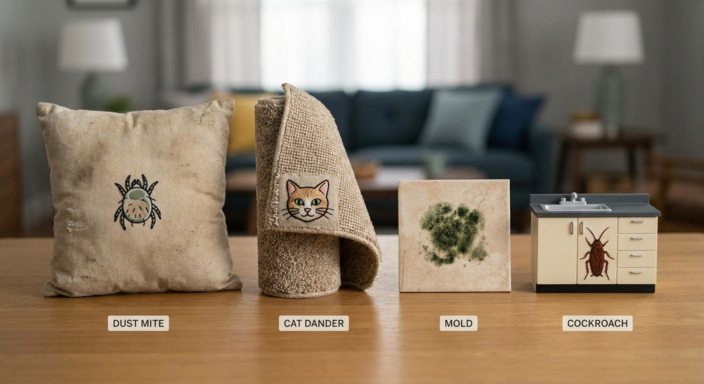 Indoor allergy triggers: dust-mite pillow, cat on rug, bathroom mold, kitchen cockroach icons
