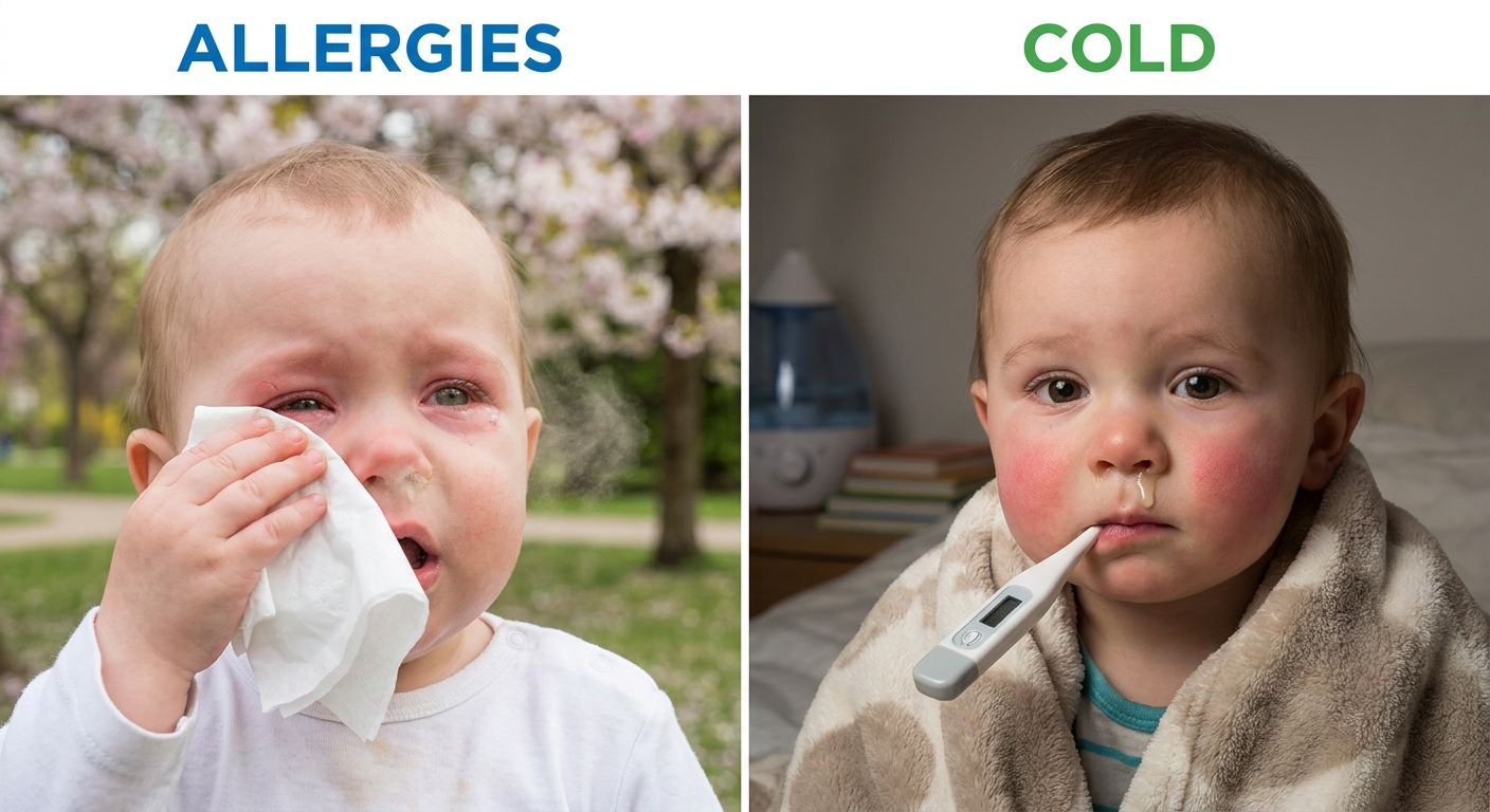 Allergies vs. cold split-panel: baby with itchy watery eyes and sneeze vs. baby with thermometer and rosy cheeks