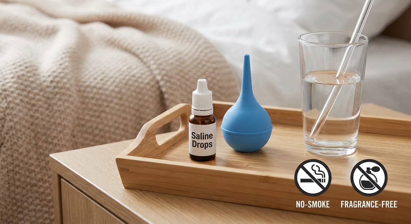 Comfort care toolkit: saline drops, bulb syringe, water, no-smoke and fragrance-free icons