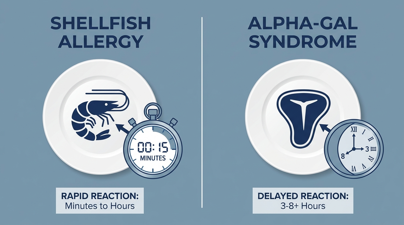 Shellfish allergy vs. alpha-gal delayed timing comparison