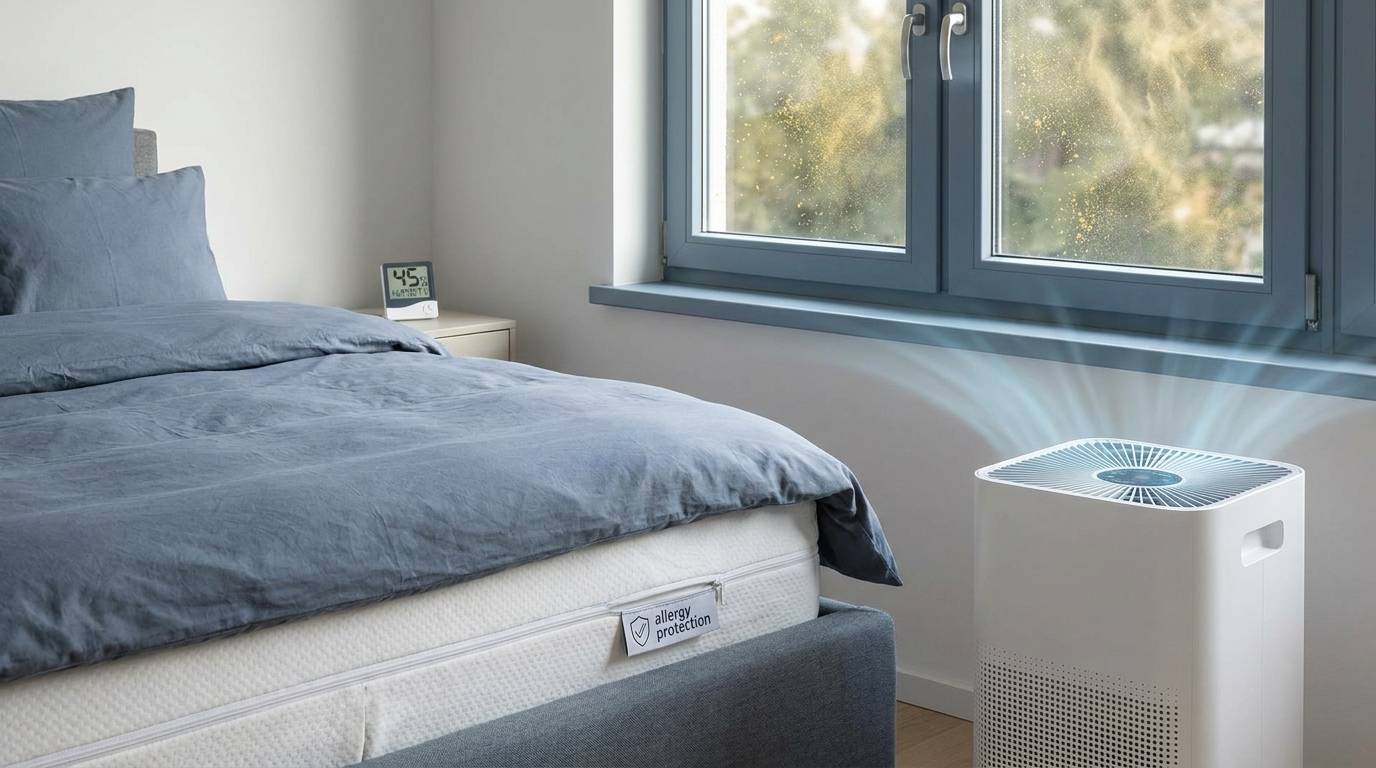 Bedroom prevention: dust-mite covers, HEPA purifier, closed window, 45% humidity