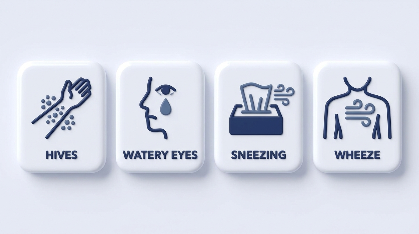 Common allergy symptoms icons: hives, watery eyes, sneezing, wheeze