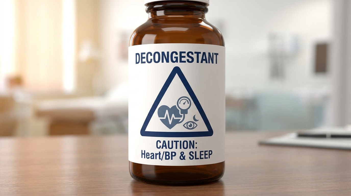 Decongestant caution bottle with heart, blood pressure, and insomnia icons