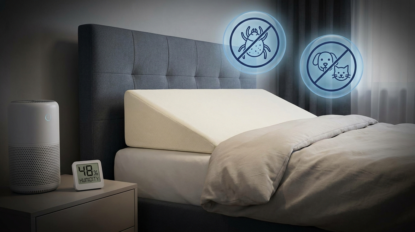 Bedroom tips: elevated head, air purifier, balanced humidity, fewer dust mites and pet exposure