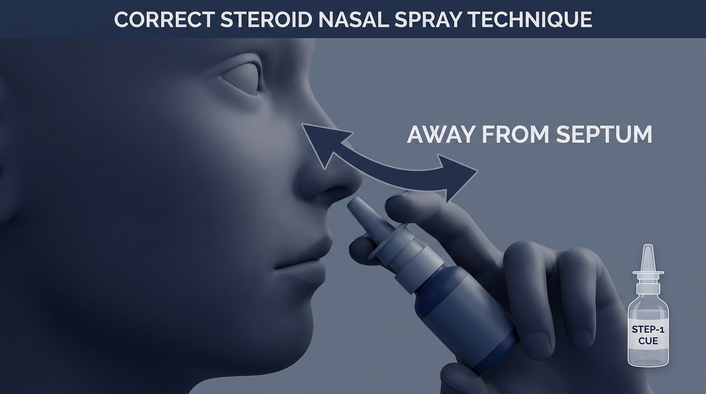 Correct nasal spray technique: aim outward, saline first, away from septum