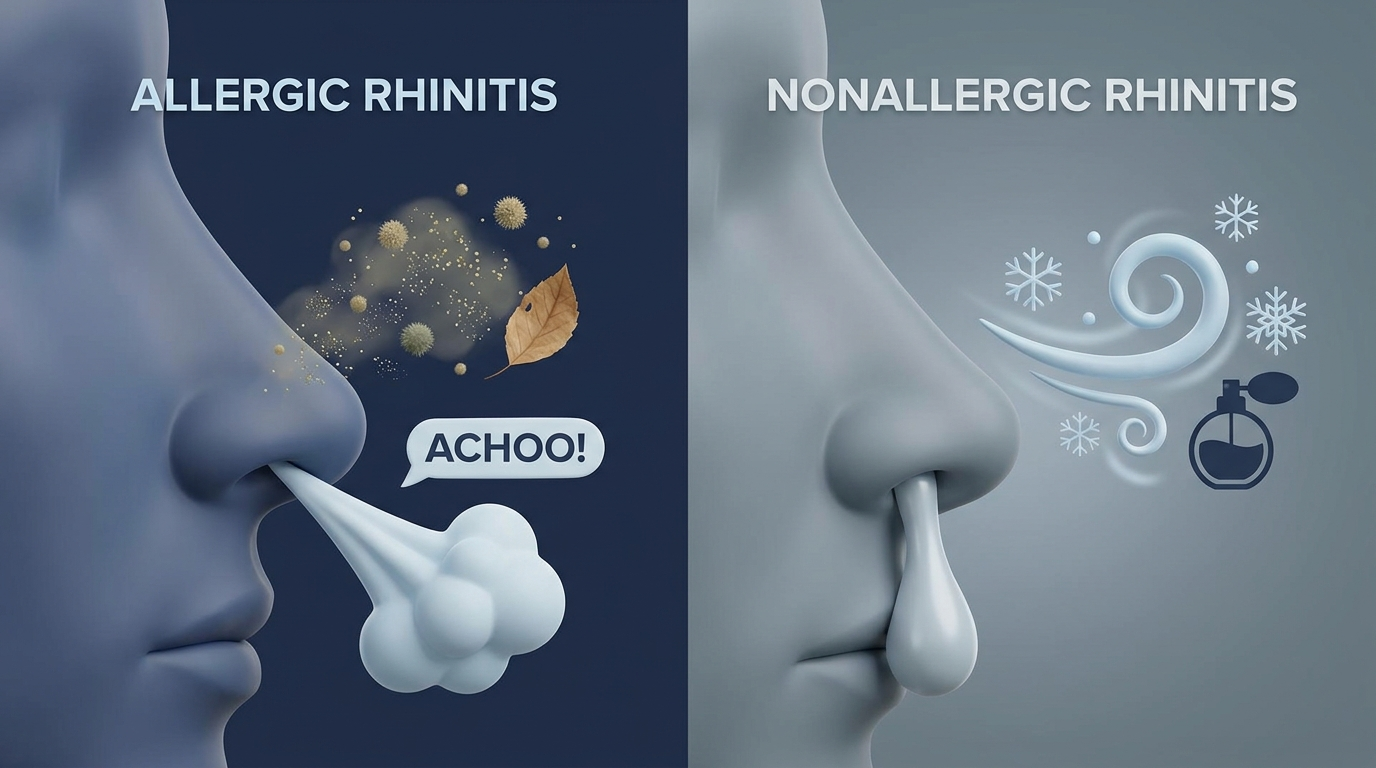 Allergic vs nonallergic rhinitis side-by-side: pollen and sneeze vs cold air and odor triggers