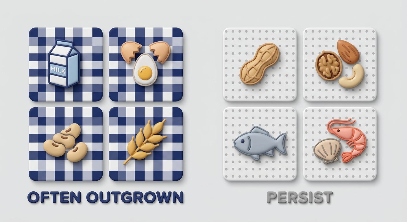 Icon grid showing milk, egg, soy, wheat often outgrown vs peanut, tree nut, fish, shellfish more persistent