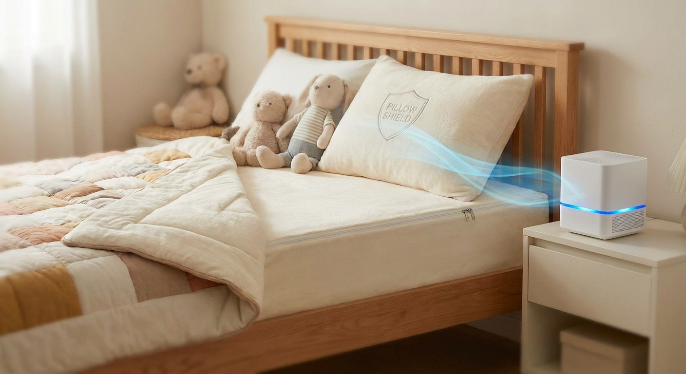 Allergy-friendly child’s bedroom with encasements and air purifier for dust mite reduction