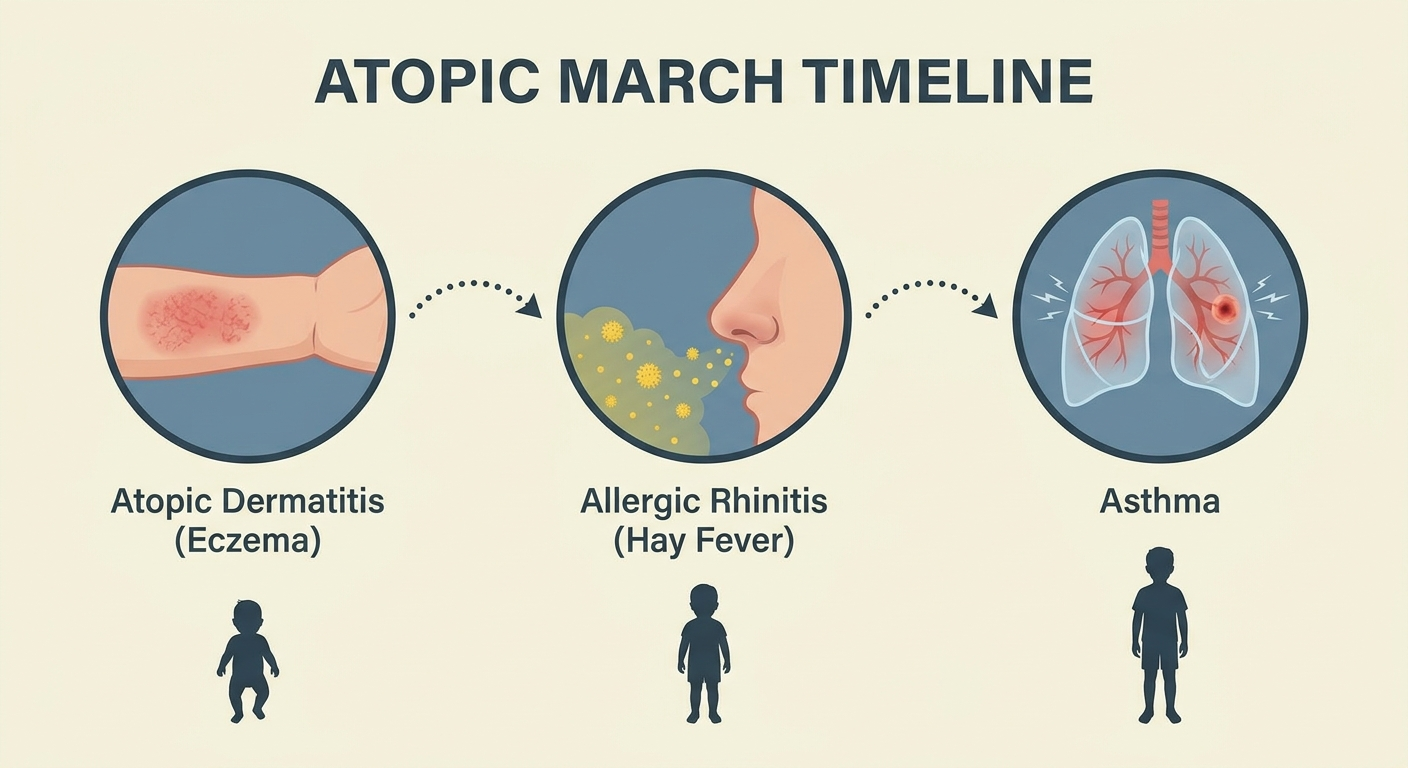Atopic march timeline from eczema to allergic rhinitis to asthma in a growing child
