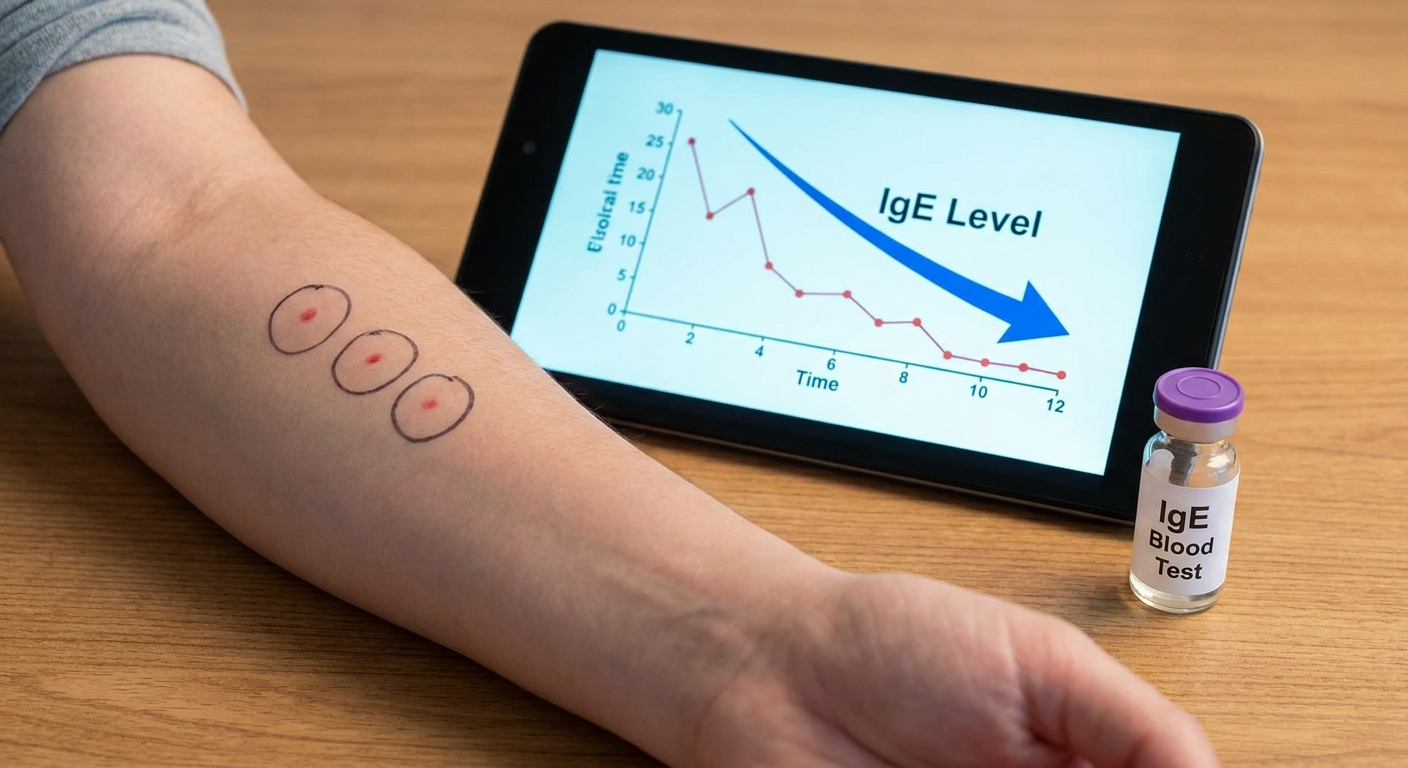 Skin-prick test dots and IgE blood test with a downward trend, representing allergy monitoring