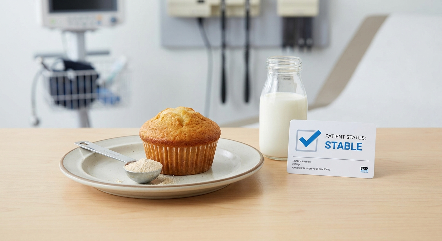 Clinic setup for supervised oral food challenge with baked-milk muffin and calm checkmark